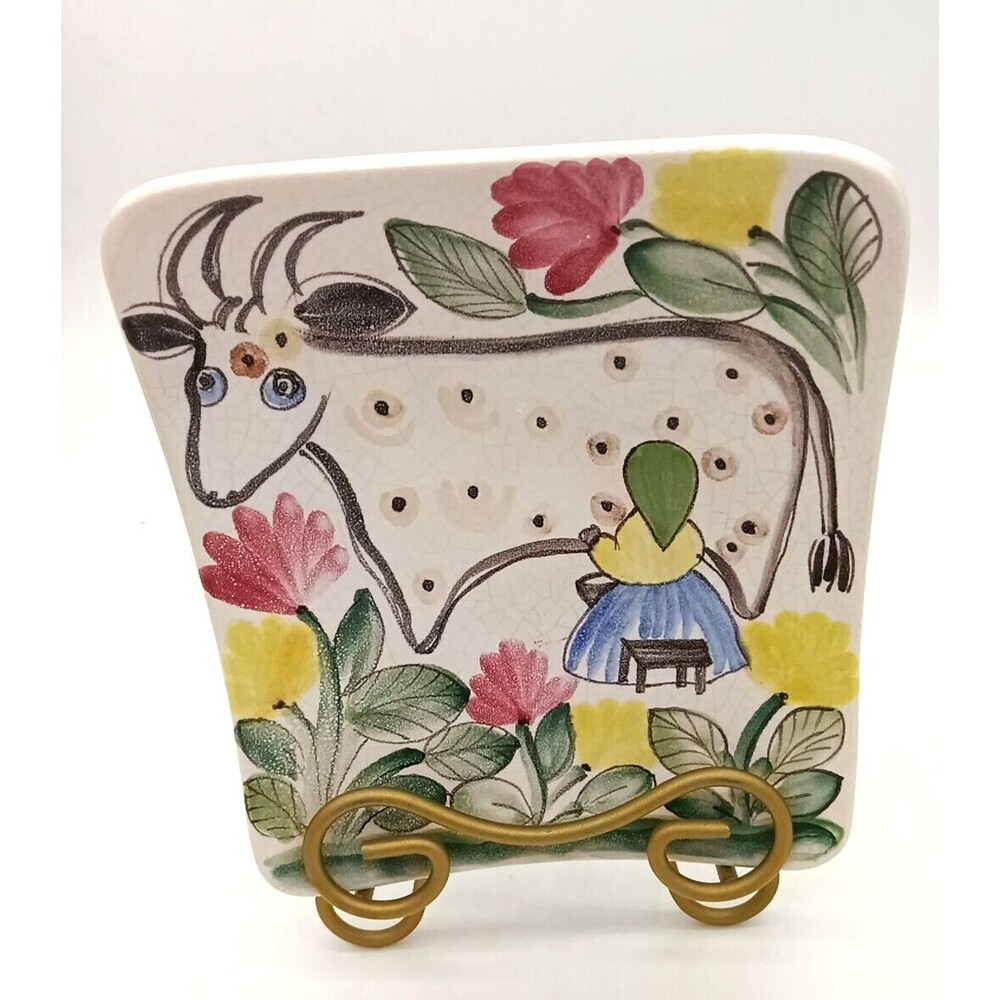 Vtg Arabia Pottery Hand Painted Rare Milk Maid Cow Floral Crackle Dish Finland